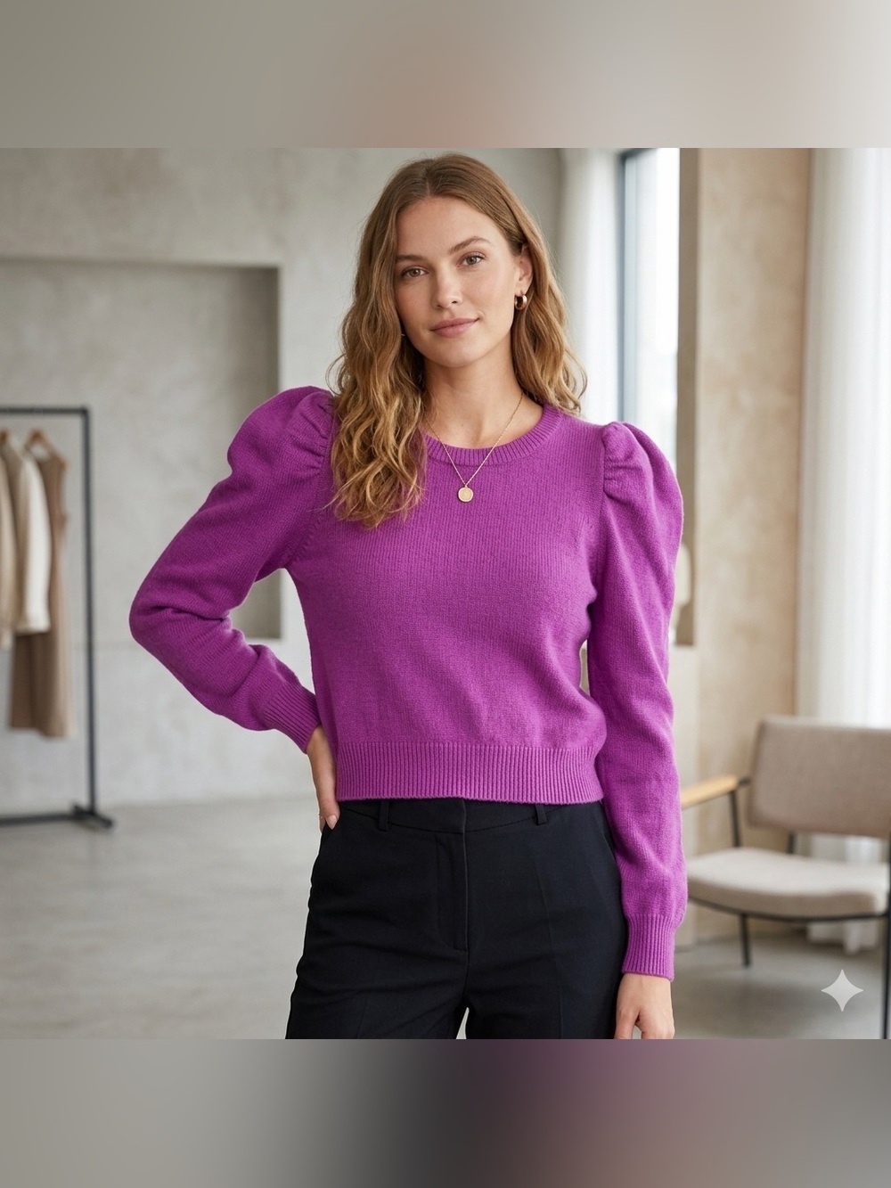 Pink Rose Vibrant Purple Puff-Sleeve Crewneck Sweater